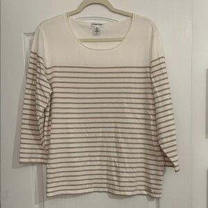 Calvin Klein Women's White and Brown Striped Long Sleeve Top